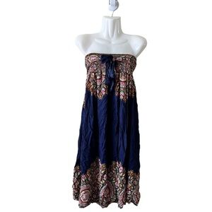 Flowy printed Bandeau midi dress women navy blue small